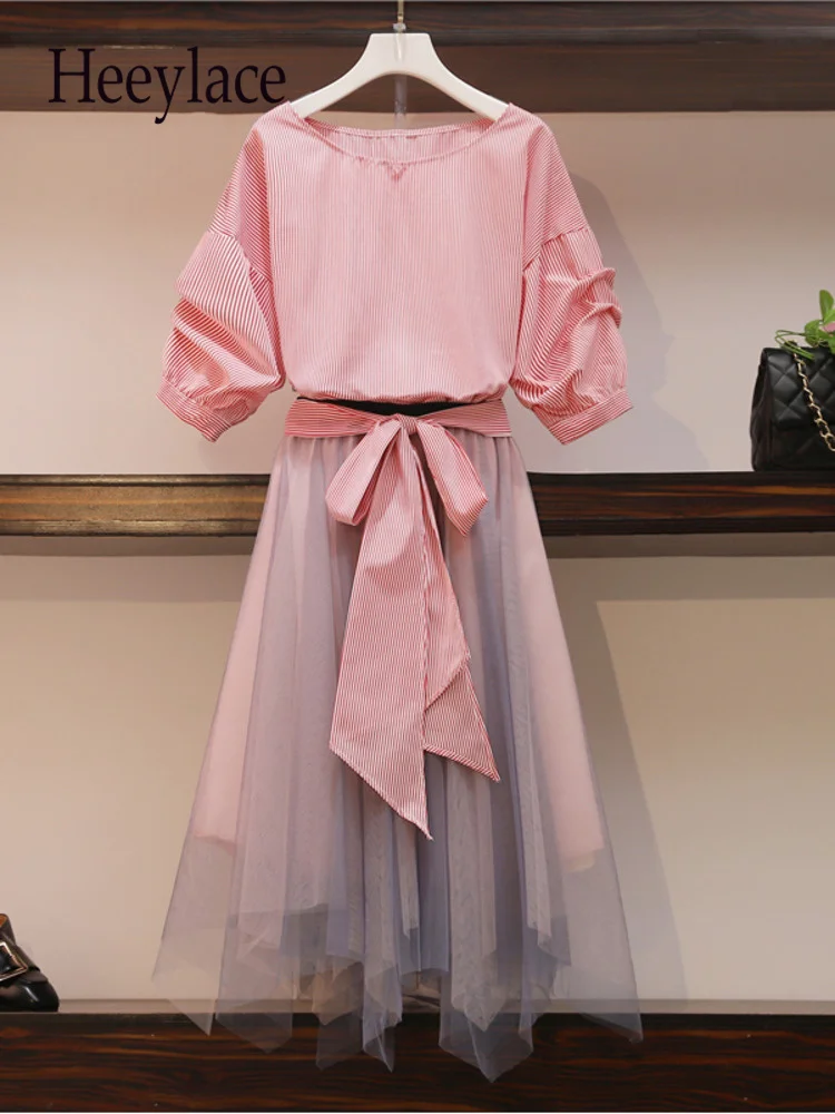 

2023 Summer Two Piece Sets Womens Outfit For Women Korean Lantern Sleeve Pink Striped Blouse And Irregular Mesh Skirts Sets 4XL