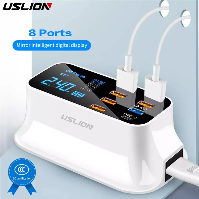 

Сетевое зарядное устройство 8 в 1 USLION, USB Type-A/ Type-C, 40 Вт, цифровой дисплей, выбор типа штекера