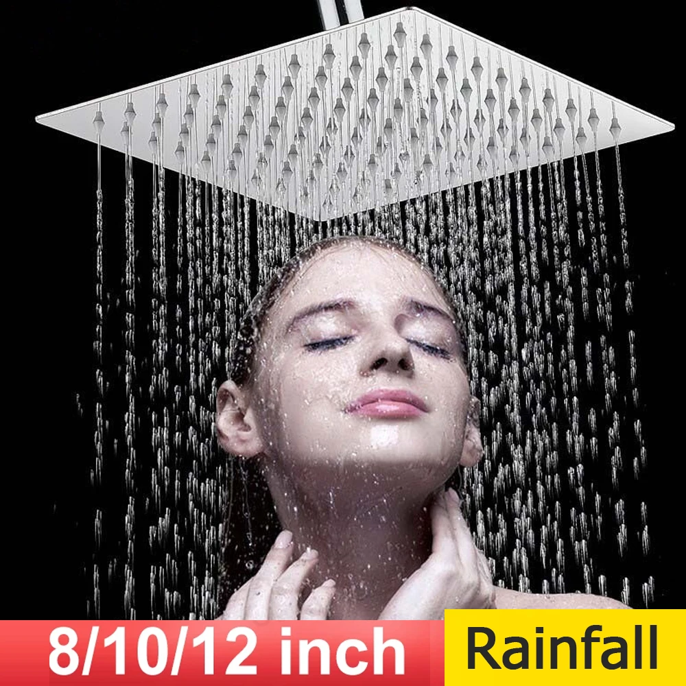 

8-12 Inch Stainless Steel Shower Head Chrome/Black Square Rainfall Ultra-thin Ceiling Wall Mounted Shower Bathroom Accessories