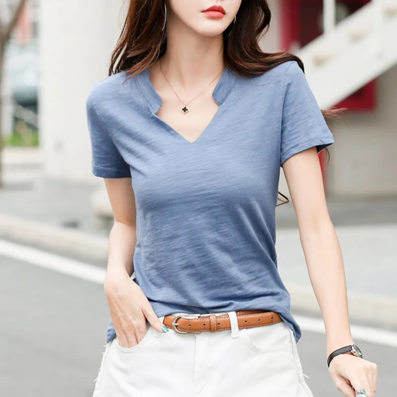 Свободная хлопковая футболка с коротким рукавом женские футболки v-образным