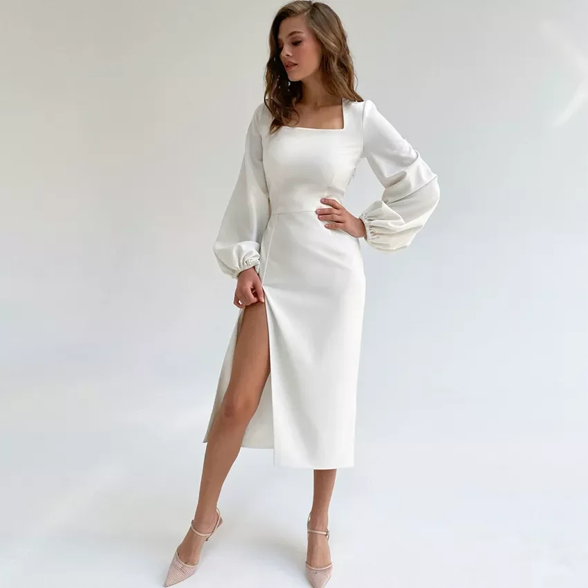 

Churses Sexy Square Collar Slit Midi White Female Dress Autumn Elegant Lantern Sleeve Night Club Party Dresses For Women 2021