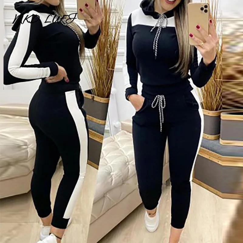 

MKD LUFI Colorblock Long Sleeve Hooded Tops & Drawstring Skinny Pants Set Casual Sporty Women Two Piece Set Tracksuits