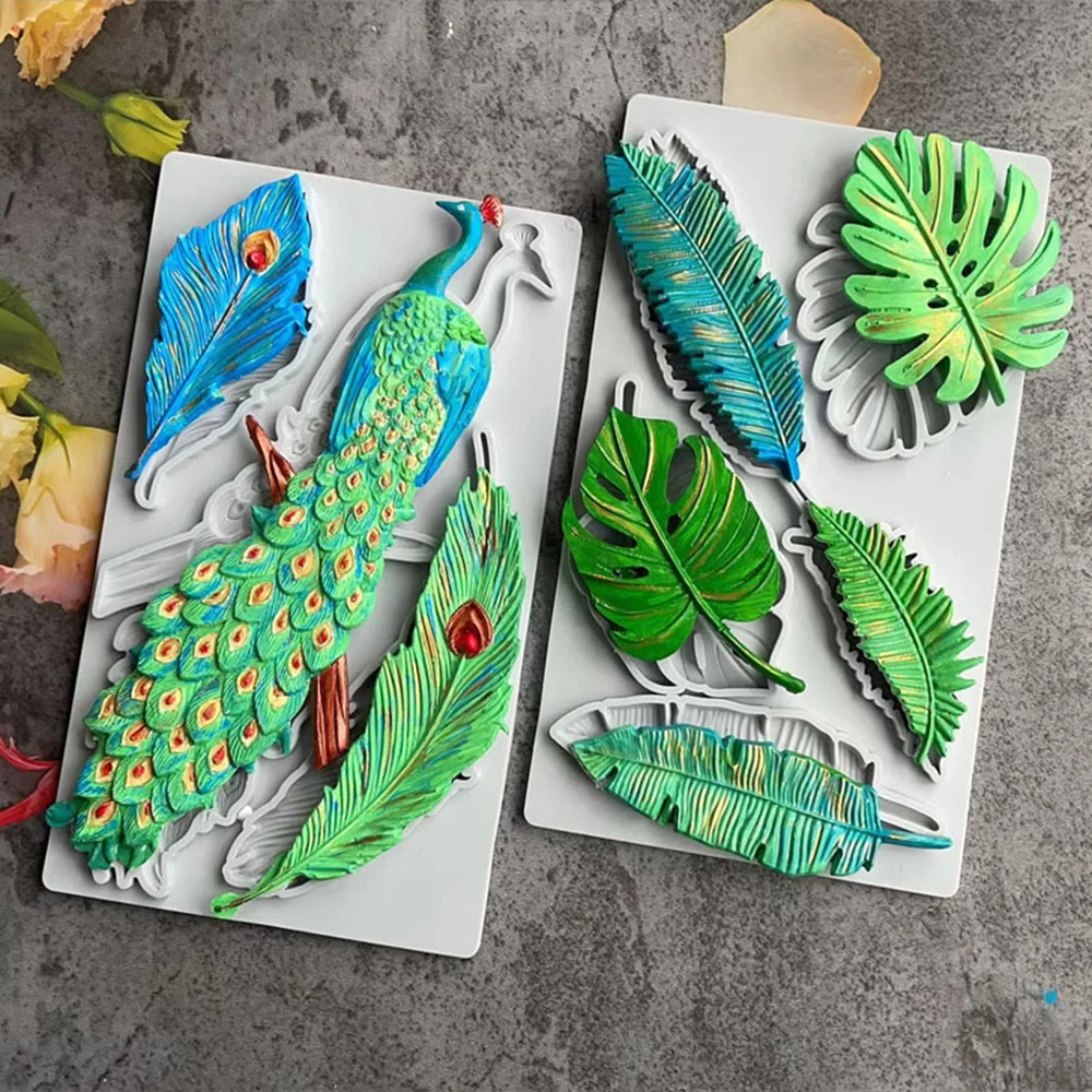 Monstera Deliciosa Leaf Peacock Shape Silicone Mold DIY Clay Plaster Chocolate Cake Baking Decoration Feather Mould 2022 New