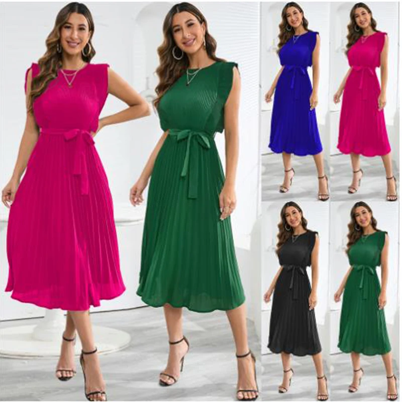 

New Arrival Factory Design Women's Summer Lotus Sleeve Press Pleated Solid Color Beauty Fashion Clothing Wear Base Dress S~2XL
