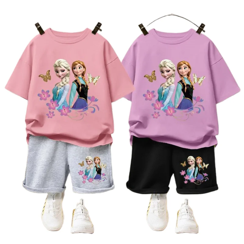 

Костюм из двух предметов в стиле принцессы для девочек из хлопка с короткими рукавами и мультяшным принтом, Новинка лета 2023, милая и Милая футболка и шорты