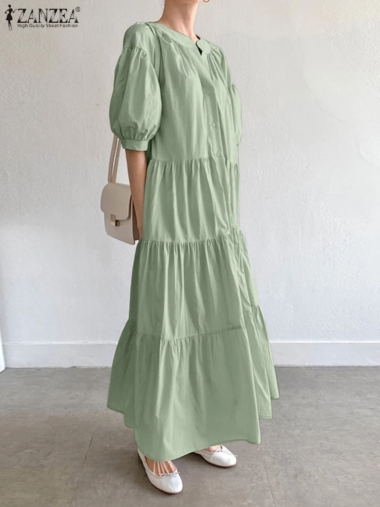 

Women Casual Half Lantern Sleeve Sundress ZANZEA Elegant O Neck Solid Shirt Dress Spring Ruffle Vocation Vestidos Beach Kaftan