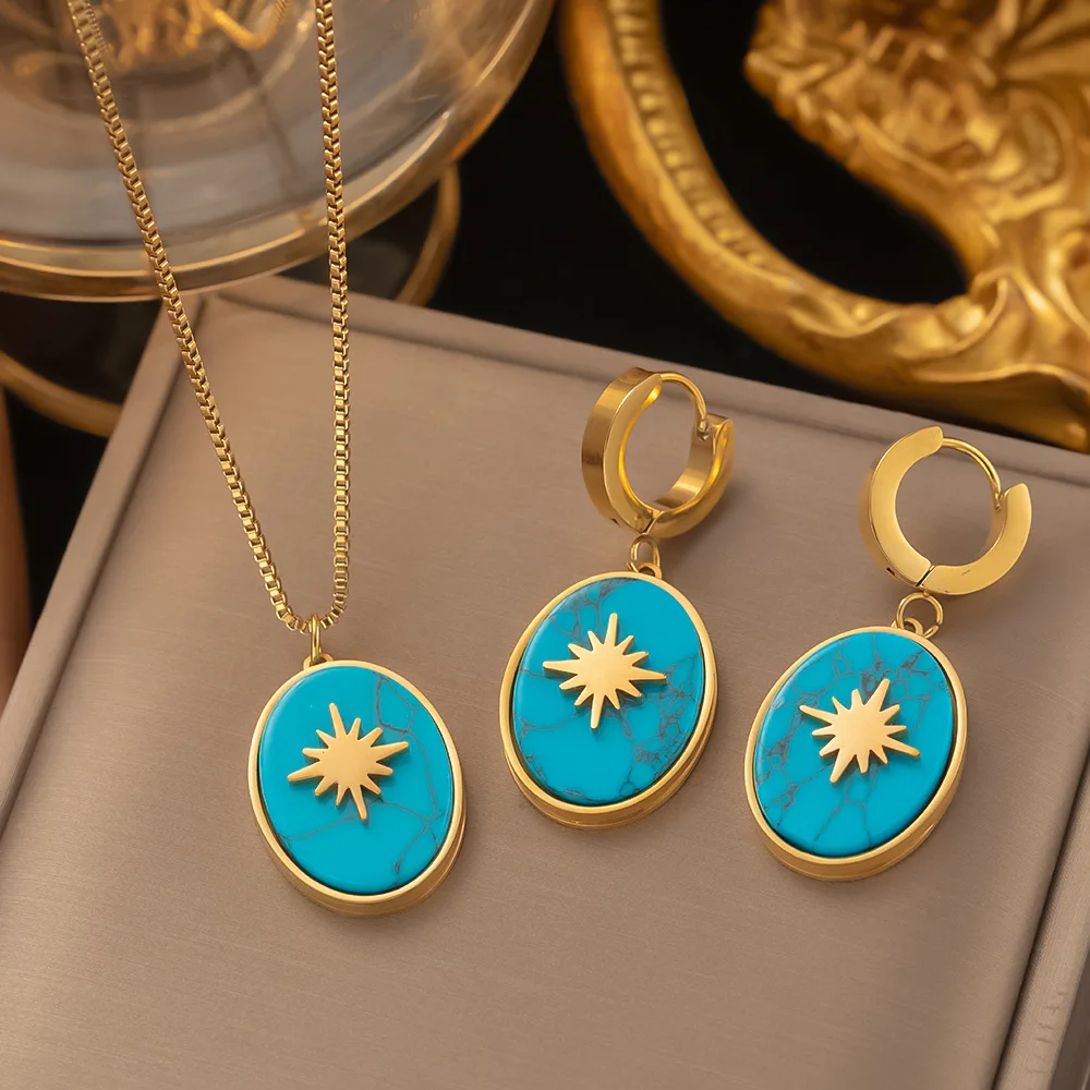 

316L Stainless Steel Blue Painted Sunlight Pendant Necklace Earrings For Women Non-fading Charm Jewelry Set Free Shipping 2023
