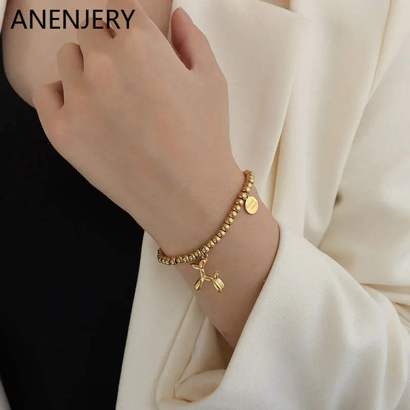 

Женский браслет с шариками ANENJERY, украшение из нержавеющей стали 316L с шариками в виде собаки, не выцветает, праздничные аксессуары для вечерн...