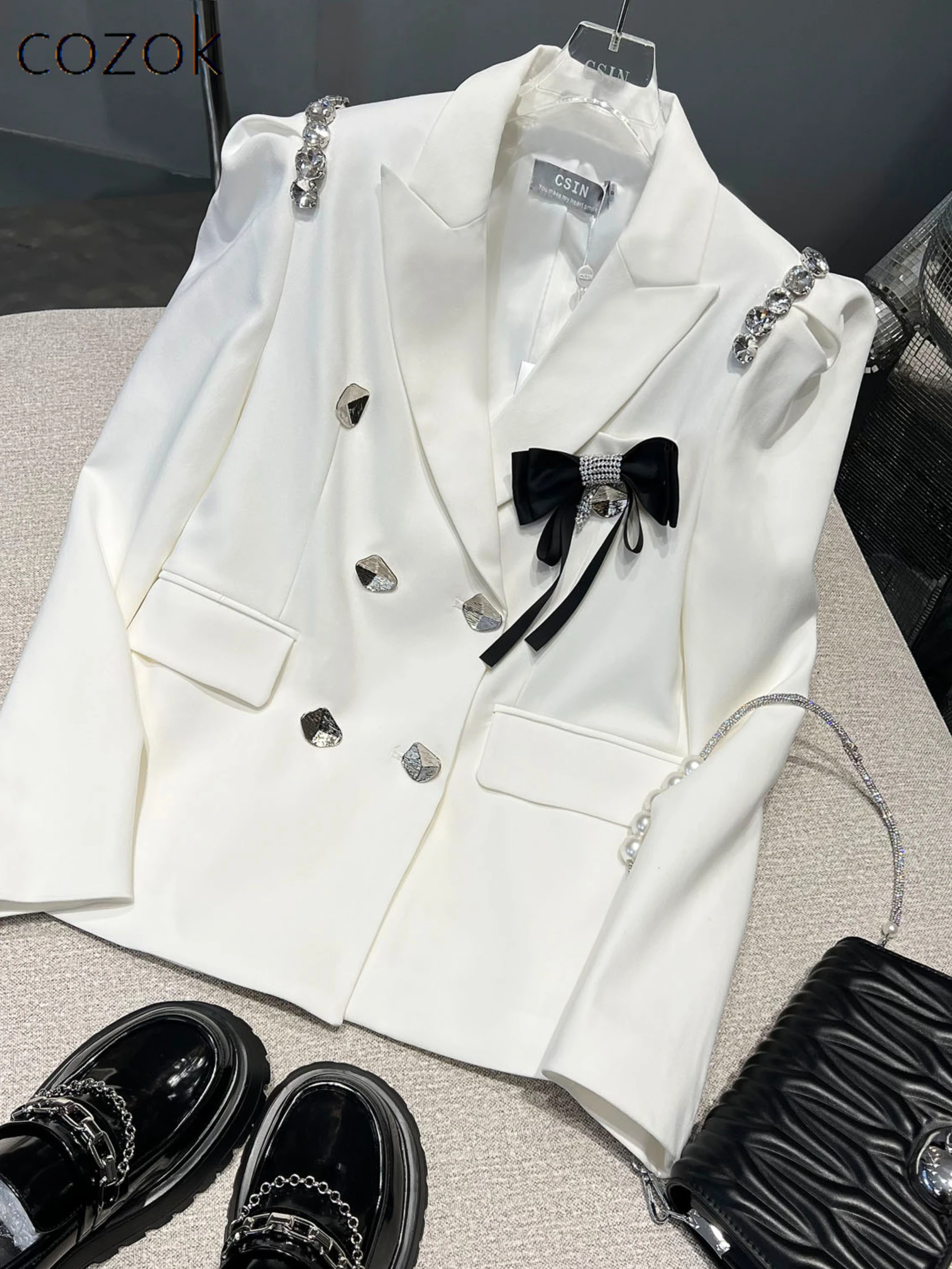

Light Luxury High-End Suit Jacket for Women 2023 Autumn New Fashion Loose Elegant Long Sleeve White Suit Office Lady Blazers