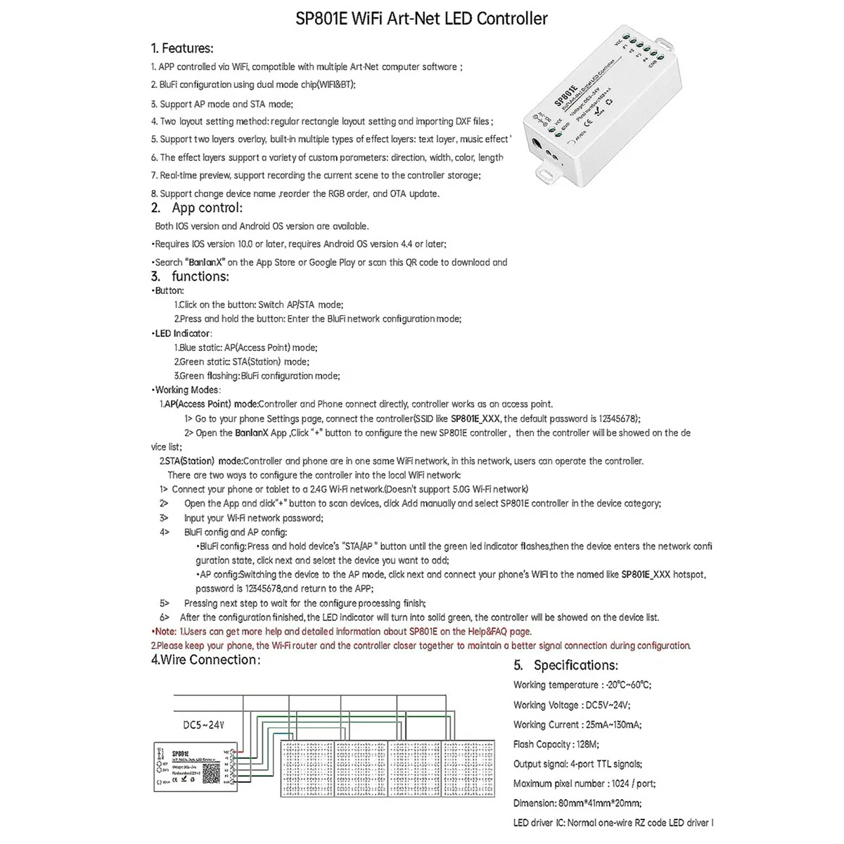 SP801E WIFI Фантомный контроллер Bluetooth Wi-Fi Двухрежимный прямоугольный светового