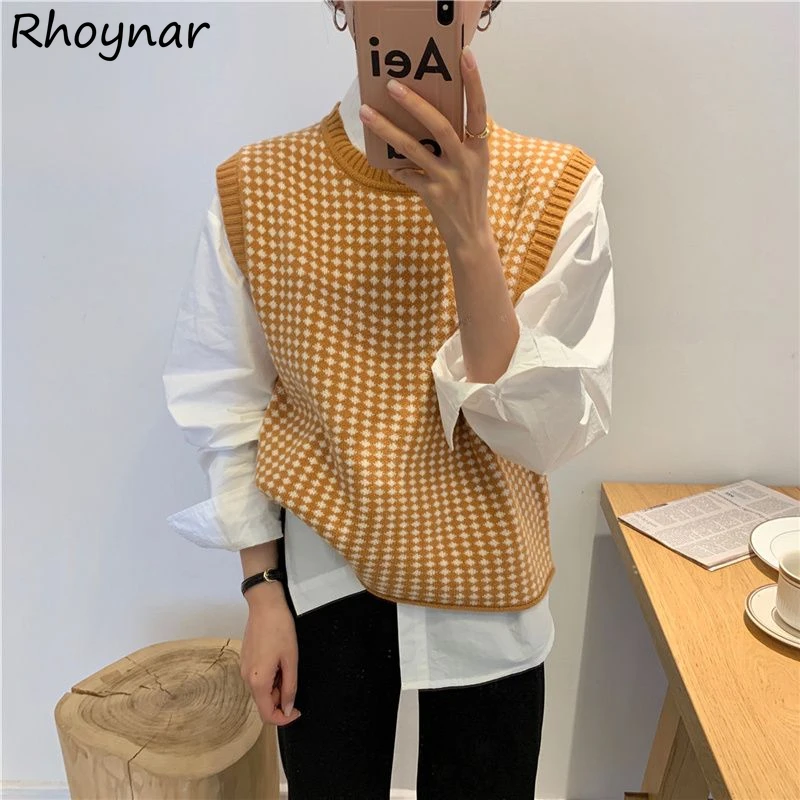 

Vintage Plaid Sweater Vests Women O-neck Preppy Style Loose Lazy Autumn New Fashion Literary All-match Korean Version Girls Chic