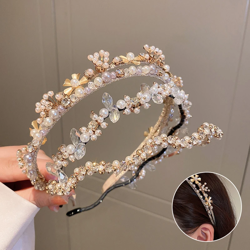 

Ободок для волос двухслойный Женский, модный ободок с инкрустацией стразами и жемчужинами, нескользящая повязка на голову, аксессуары для волос