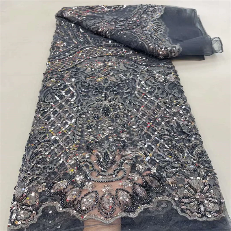 

Nigerian Beaded Tube Fabric 2022 Luxury High Quality Hand Embroidery Heavy Beaded Sequins Lace Fabric For Dress