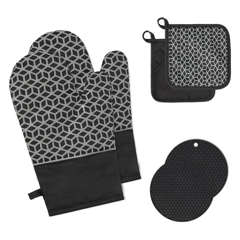 

Pot Holder Gloves Heat Resistant 300°C Oven Gloves Black Silicone And Cotton Non-Slip Cooking Gloves