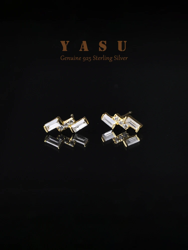 

925 Sterling Silver Earrrings European Simple Geometric Crystal Stud Earrings For Luxury Women Creative Party Wedding Jewelry