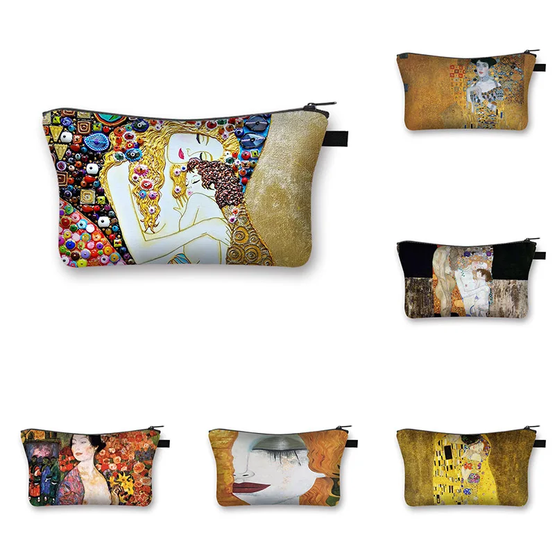 

Gustav Klimt By Famous Oil Painting Canvas Cosmetic Bag Adele Lady with Fan Printing Portable Makeup Bag Women Lipstick Bag Gift