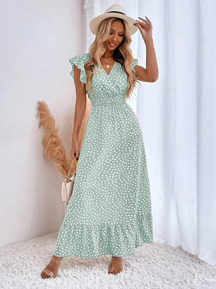 

2023 Summer Polka Dot Print Dresses for Women Elegant Butterfly Sleeve A Line Maxi Dress Holiday Beach Casual Pink Bohemian Dres