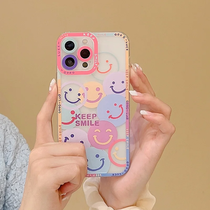 

Cute Keep Smile Colors Transparent TPU Case For iPhone 13 Pro MAX 12 Mini 11 X XS MAX XR 7 8 6 6S Plus Soft Silicone Phone Cover