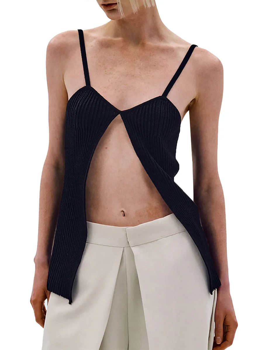 

Elegant Solid Color Sleeveless Knit Top with Backless Design and Slit Detailing - Perfect for Summer Parties and Clubwear