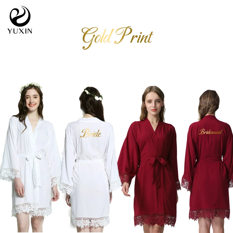

YUXINBRIDAL 2019 New Burgundy Solid Cotton Kimono Robes with Lace Women Wedding Bridal Robe Bathrobe Sleepwear White Gold Print