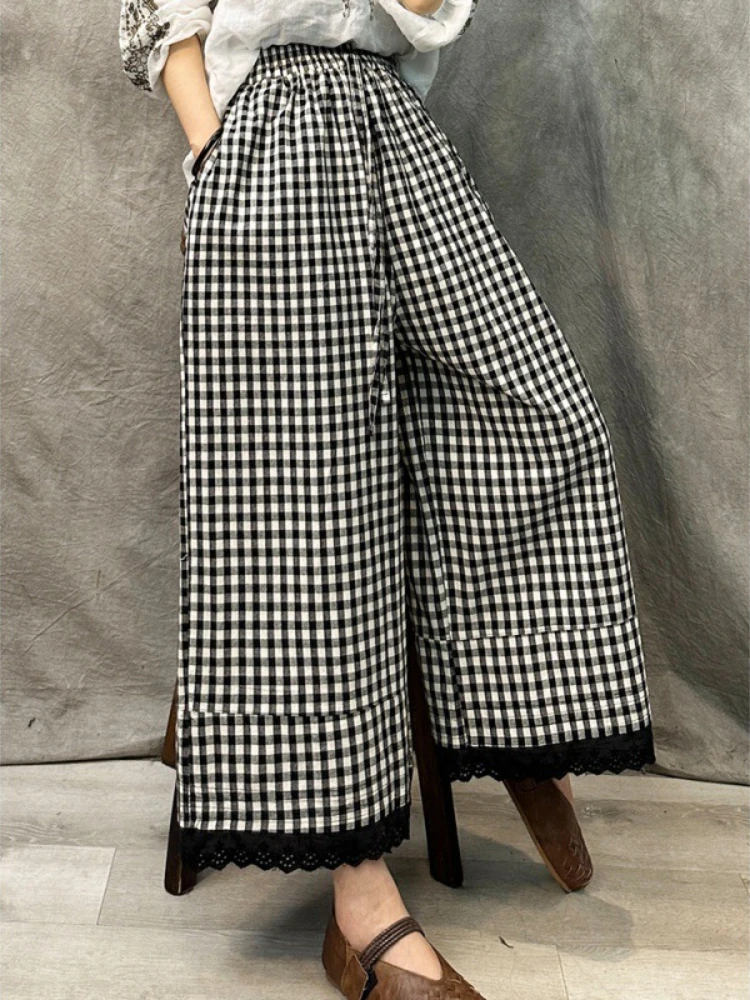 

Summer Women Wide Leg Pant High Waist Drawstring Loose Oversize Pant Plaid Trousers Skirt Pants Retro Casual Streetwear Ladies