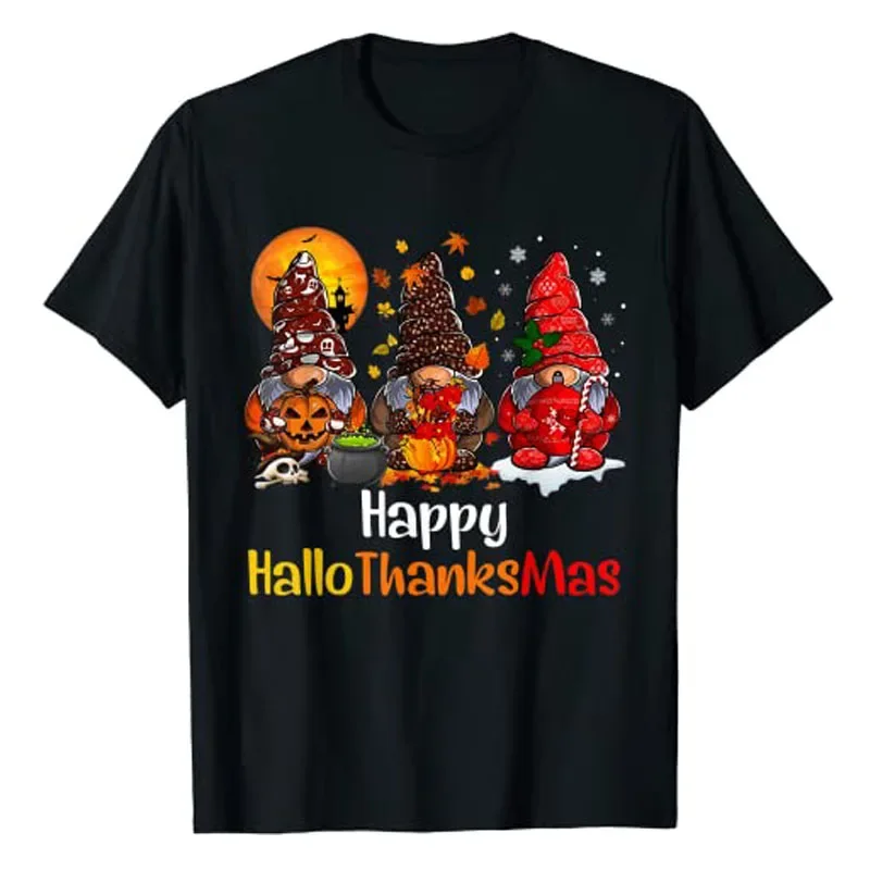 Happy Hallothanksmas Gnomes Halloween Thanksgiving Christmas T-Shirt Aesthetic Clothes Holiday Fashion Cute Graphic Tee Top Gift