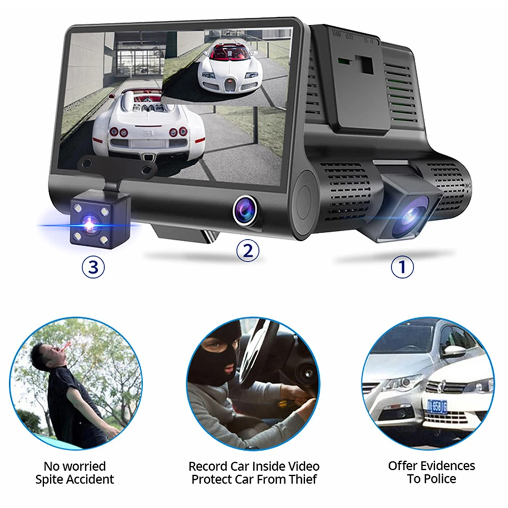 Автомобильный видеорегистратор Full HD 1080P с двумя объективами 3 камерами 4