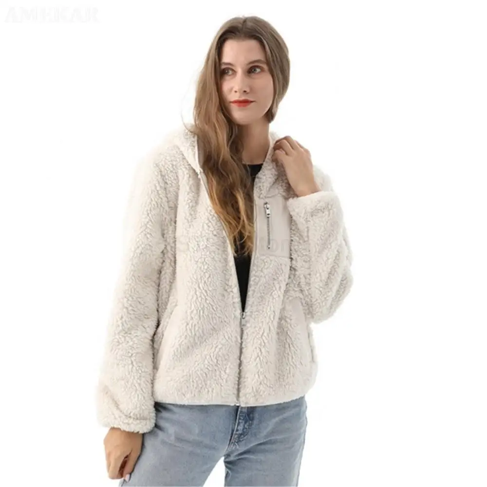 Women Winter Real Fur Zipper Coat Long Sleeve With Hood Pure Color Real Fur Jacket Thermal Fluffy Pocket Women's Fur Coat