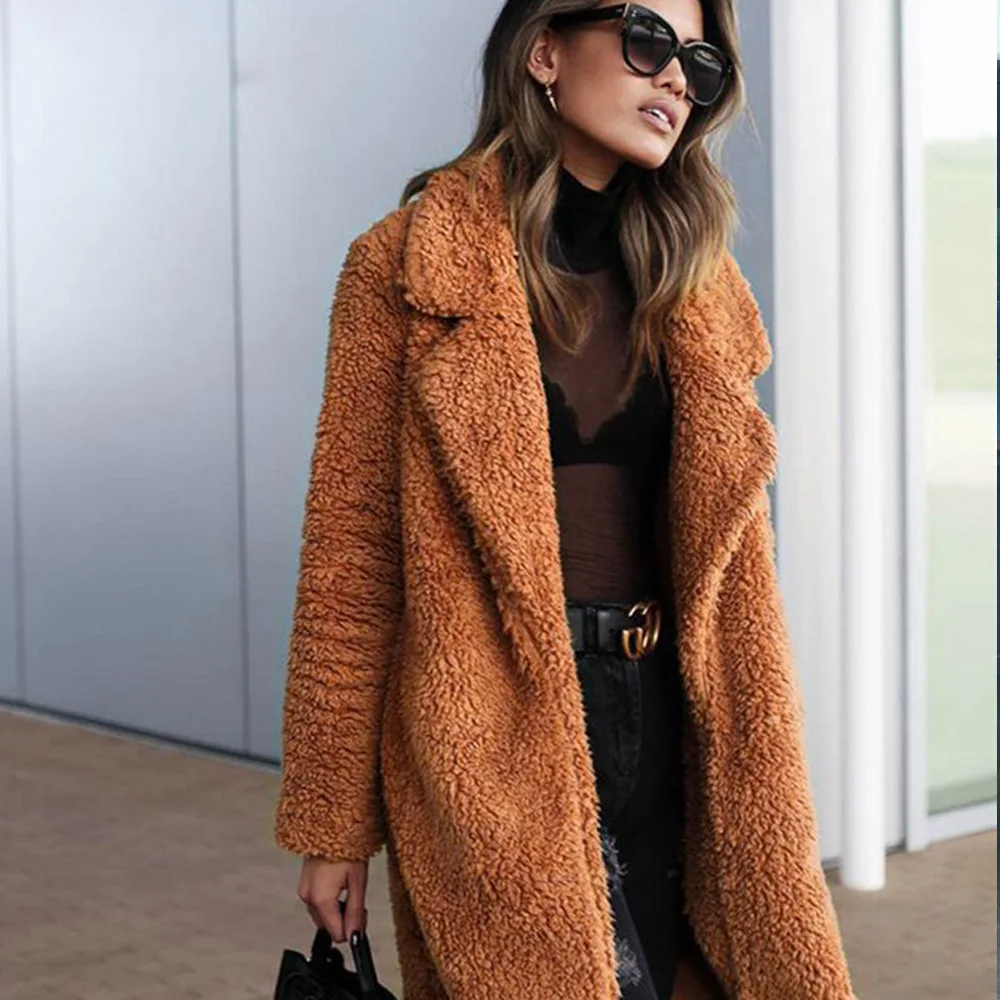 Women's Leather Fur Coat Fall Winter Fashion Lapel Imitation Fur Long Coat Faux Fur Coat