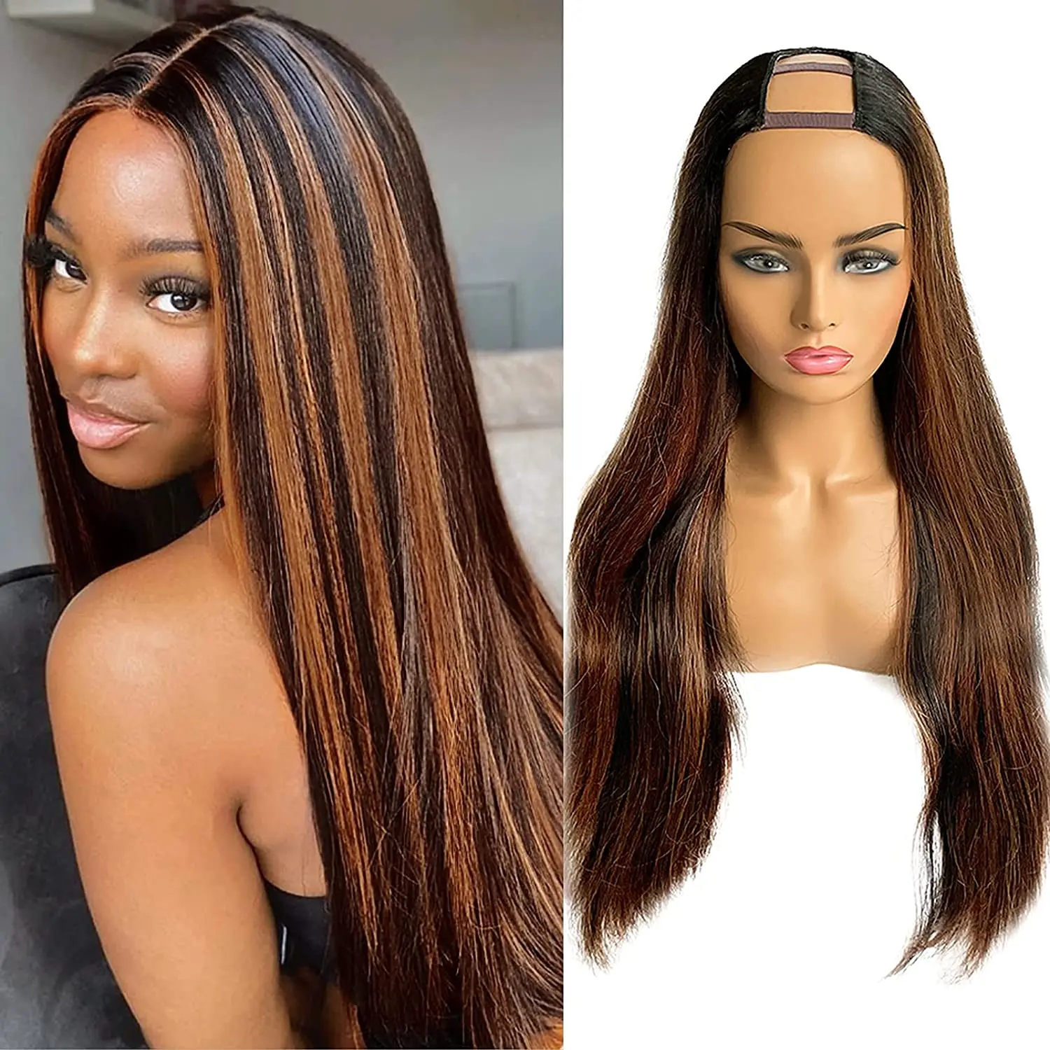 Brown Highlight U Part Wig Human Hair 150% Density Colored Natural Straight Middle Part No Lace Front Clip in Real Hair Wigs
