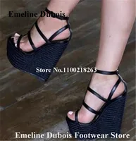 High Platform Wedge Sandals Emeline Dubois Open Toe Thin Straps Cross Wedges Black Beige Super High Shoes Party Shoes Big Size