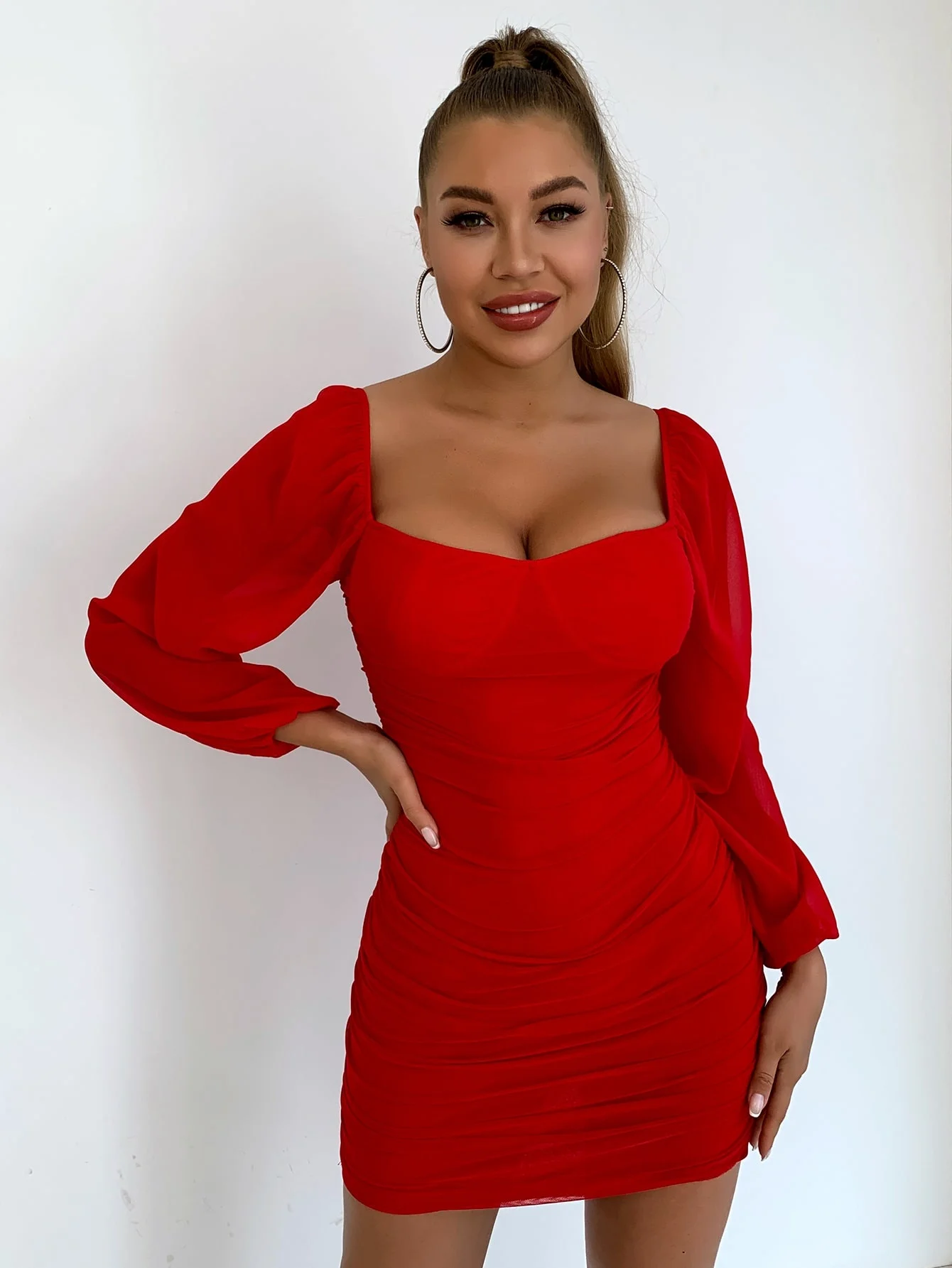

EvaQueen Sweetheart Neck Puff Sleeve Ruched Milkmaid Dress