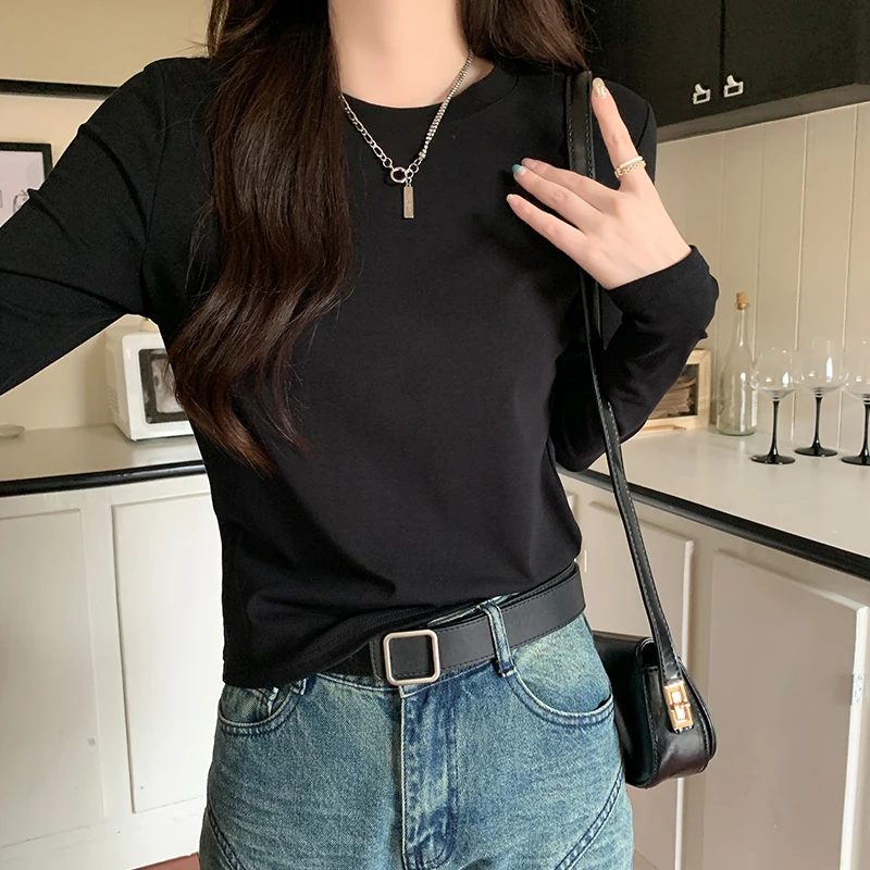 Однотонные базовые облегающие футболки с круглым вырезом и длинным рукавом