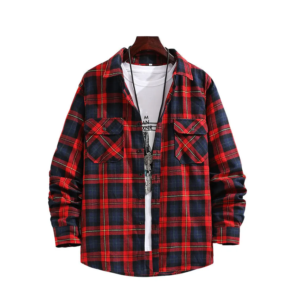 

LUCLESAM Men's Plaid Brushed Flannel Shirt Long-sleeve Cardigan Lattice Tops Spring New Loose Casual Male check shirt Large Size