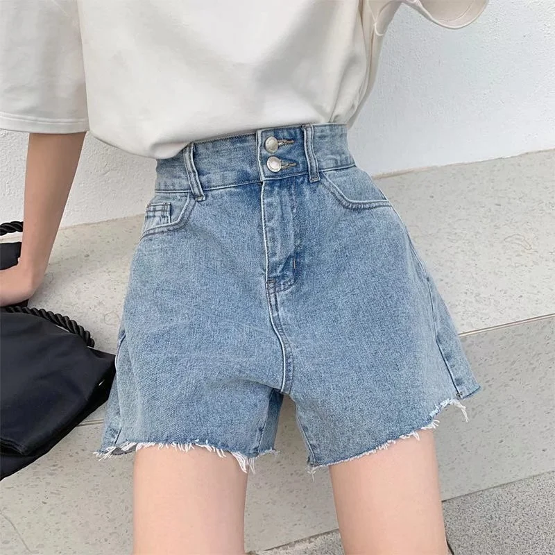 

Casual Blue Denim Shorts Women Sexy High Waist Buttons Pockets Slim Fit Shorts 2021 Summer Beach Streetwear Jeans Shorts