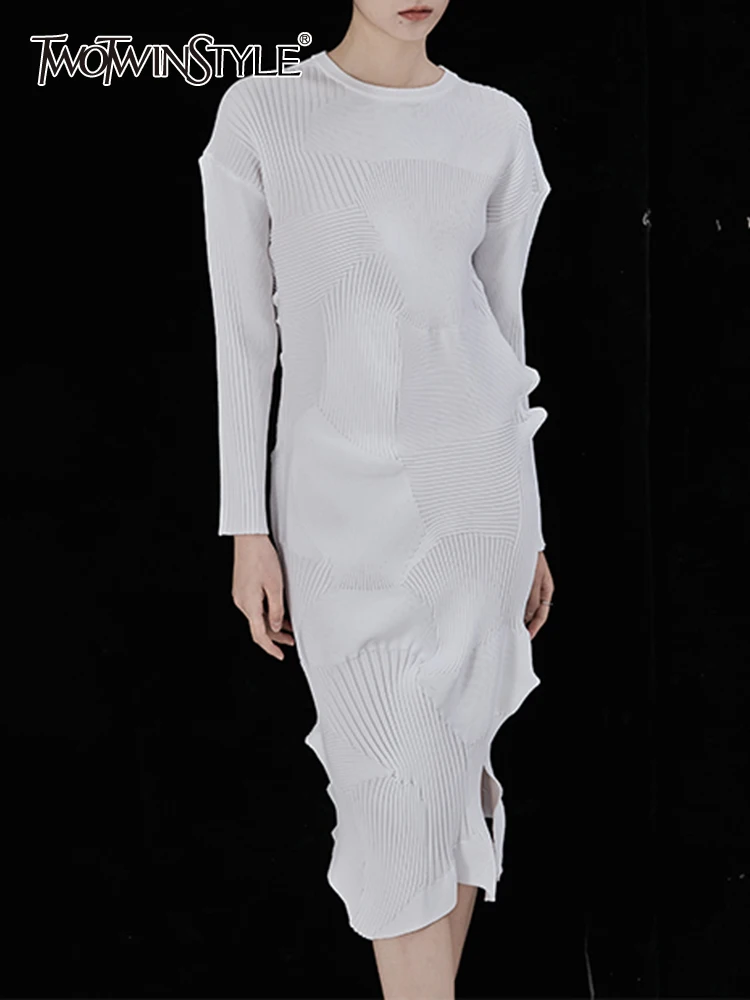 

Женское трикотажное платье TWOTWINSTYLE, однотонное асимметричное платье с круглым вырезом, длинными рукавами и высокой талией, мода 2023