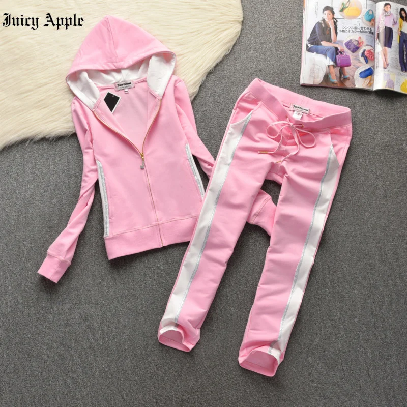 Juicy Apple Tracksuit Womens Outfit Zipper Pockets Hooded Sweater Fashion Splicing Casual Elastic Waist Two-Piece Suit Tracksuit