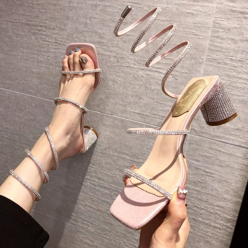 Summer Women's Sandals Fashion Luxury Square Toe Rhinestone Snake Wrap Heel Sandals Birthday Wedding Party Shoes Sandalias Mujer