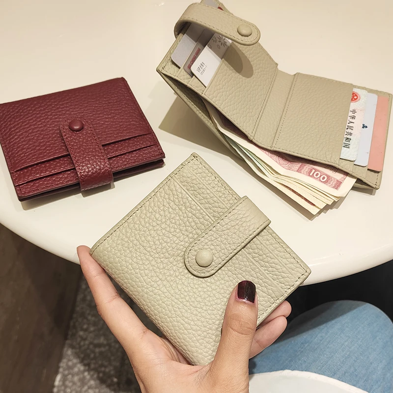 

Genuine Leather Card&License Holder Luxury Short Hasp Lychee Pattern Coin Purses Female Brand Mini Women Wallet Light Weight