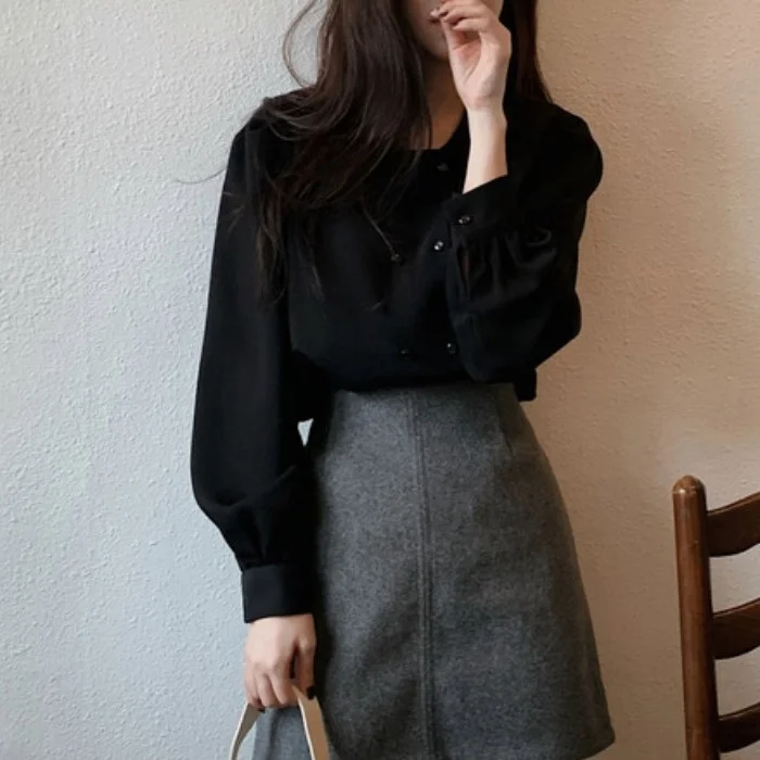 

Женская блузка корейский шик французская Милая цветная рубашка с двойным рядом пуговиц кукольным воротником Свободный рукав лес