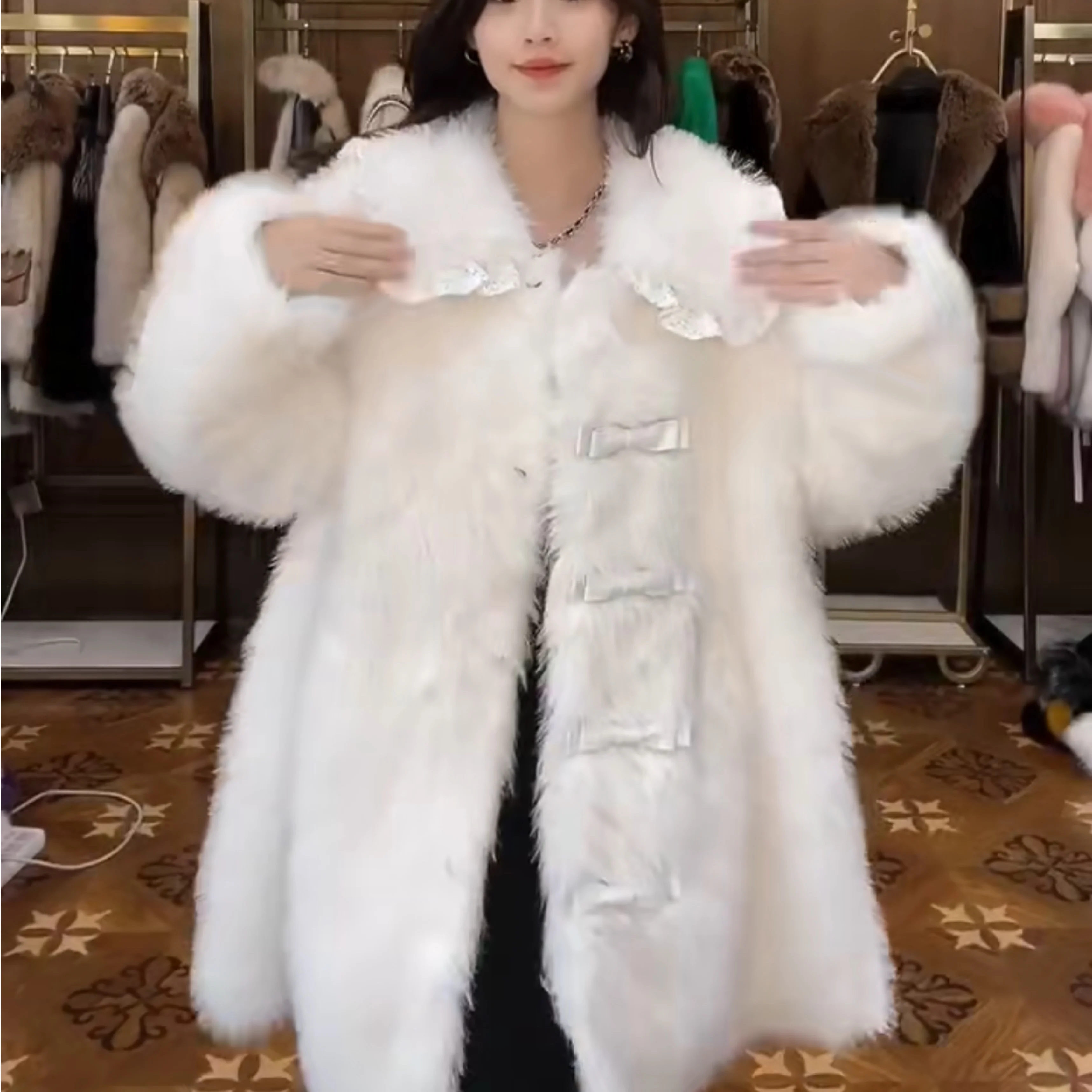 European Faux Fur Long Sleeve Women Fashion Toka Double Face Wool Leather Warm Mid-Length Temperament Leisure Coats 2022 Winter