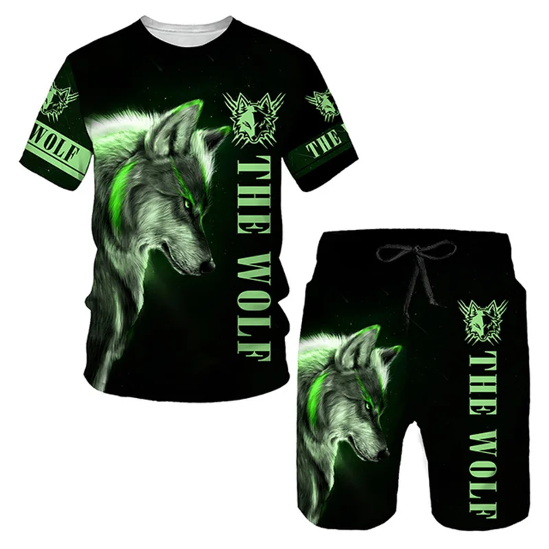 Fashion Men's 2-piece Wolf  Printed Beast T-shirt Shorts Set Clothing Summer Men's Casual Sportswear Set Men's Clothing