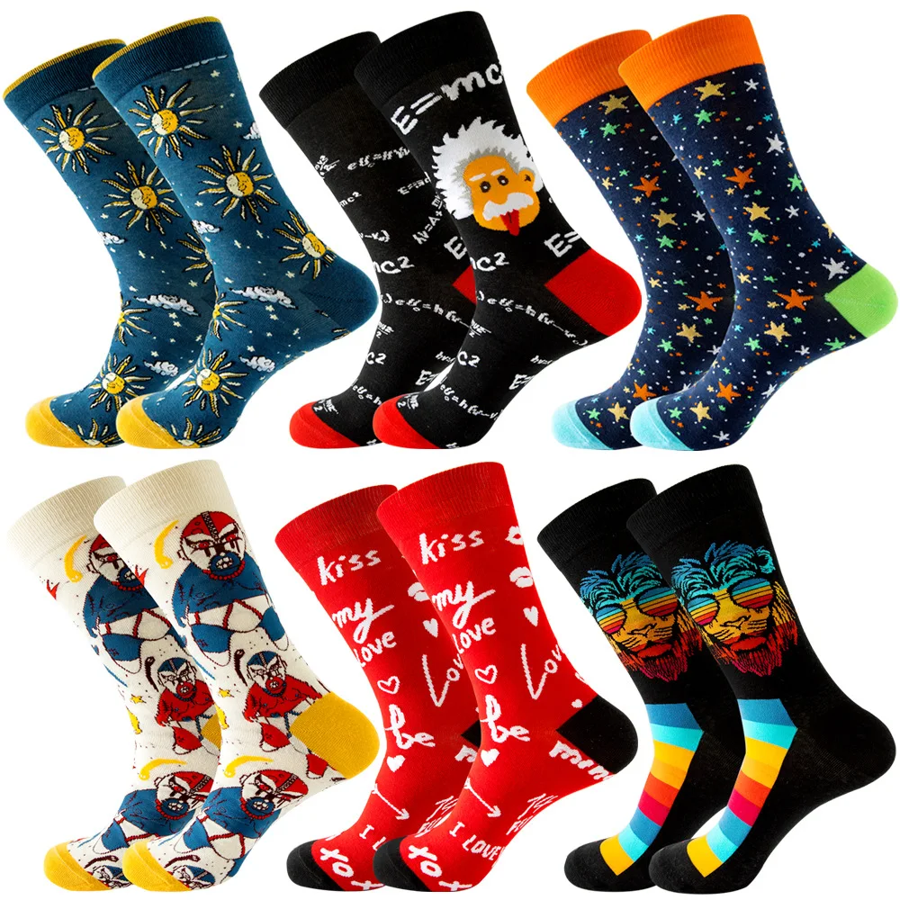1 pair New Happy Mens Socks Women Novelty Cartoon Sock Combed Cotton Funny Men's Big Size Crew Hip Hop Thick Long Socks