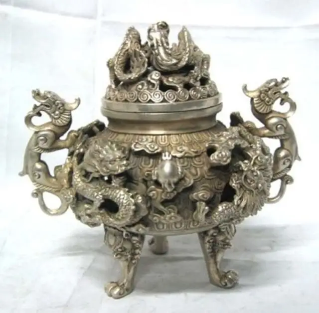 

preeminent Tibet silver nine dragon Incense burner Decoration Ornament