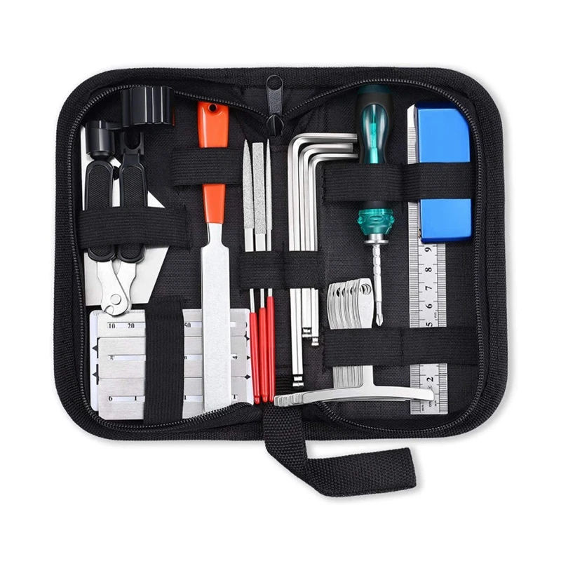 

Guitar Repair Tool Kit, String Changing Tool, Wrench, Grinding File, Measuring Ruler, Stringer, Leveling Ruler, 25 In 1