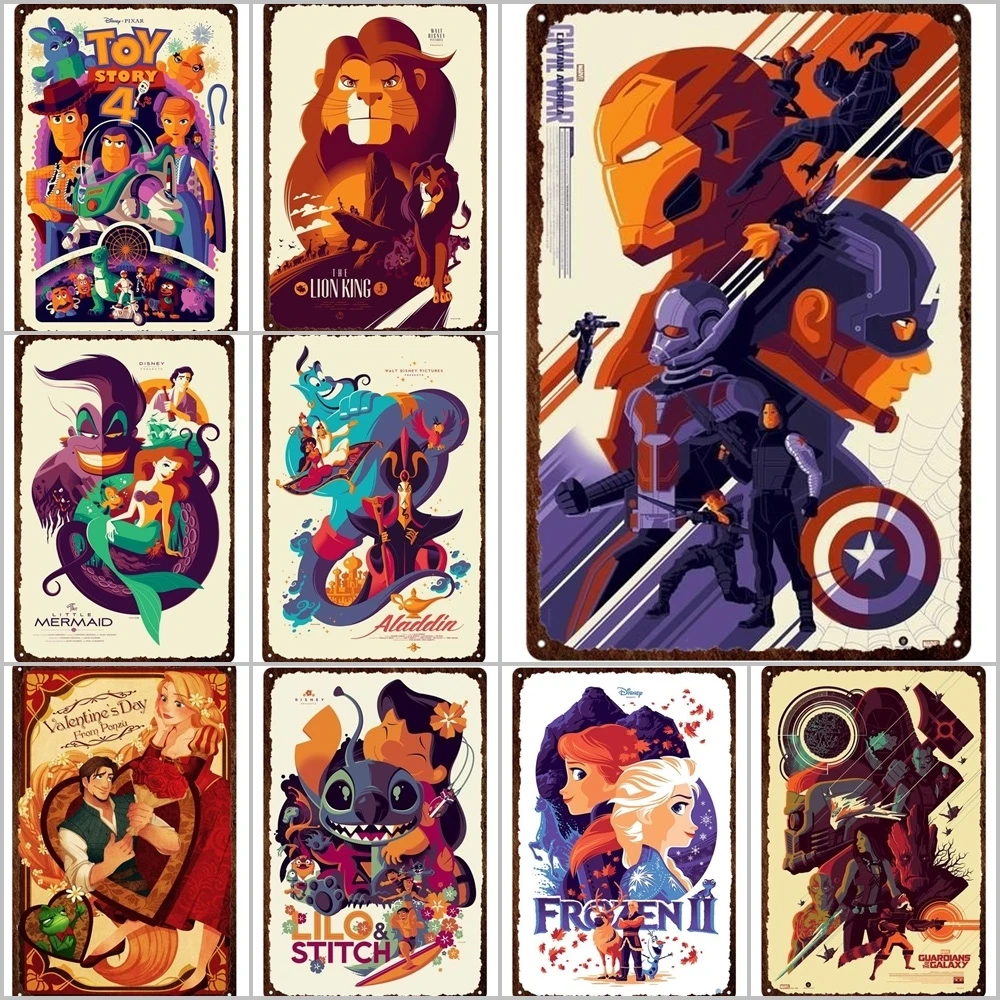 

Disney Marvel Anime Movie Metal Print Plates Frozen Lion King Mickey Mouse Tin Sign Posters Metal Plaques Man Cave Pub Bar Sign