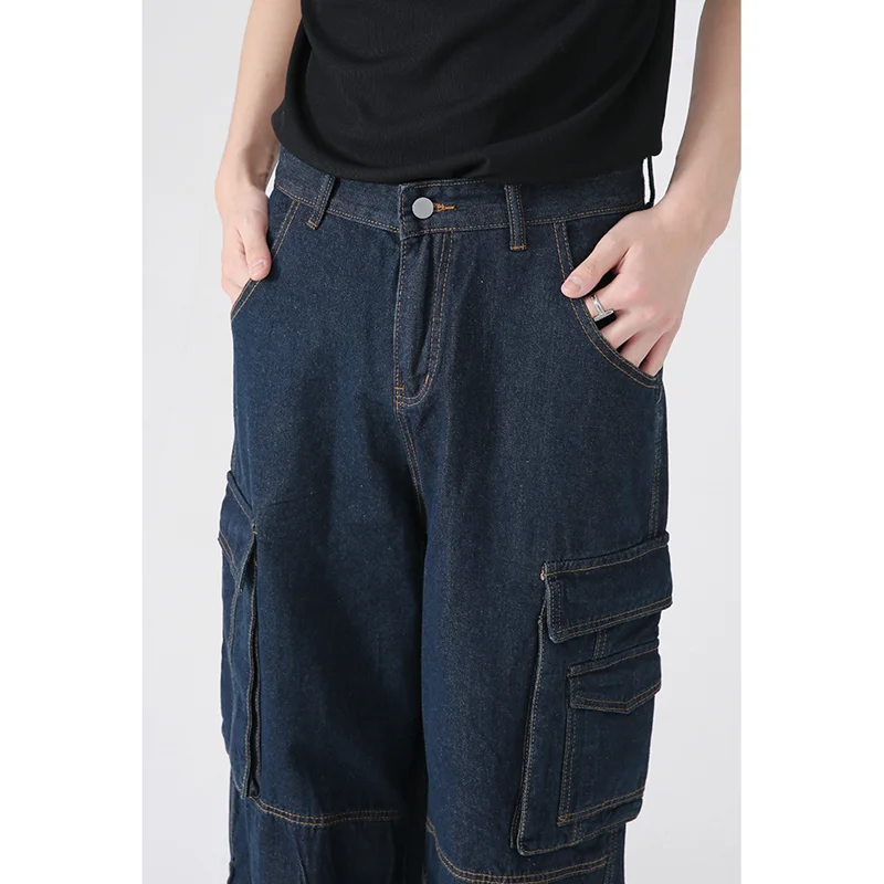 Streetwear Men 2022 Fashion New Pattern Vintage Recreational Big Pocket Jeans Loose Straight Cylinder Cargo Pants Autumn Female