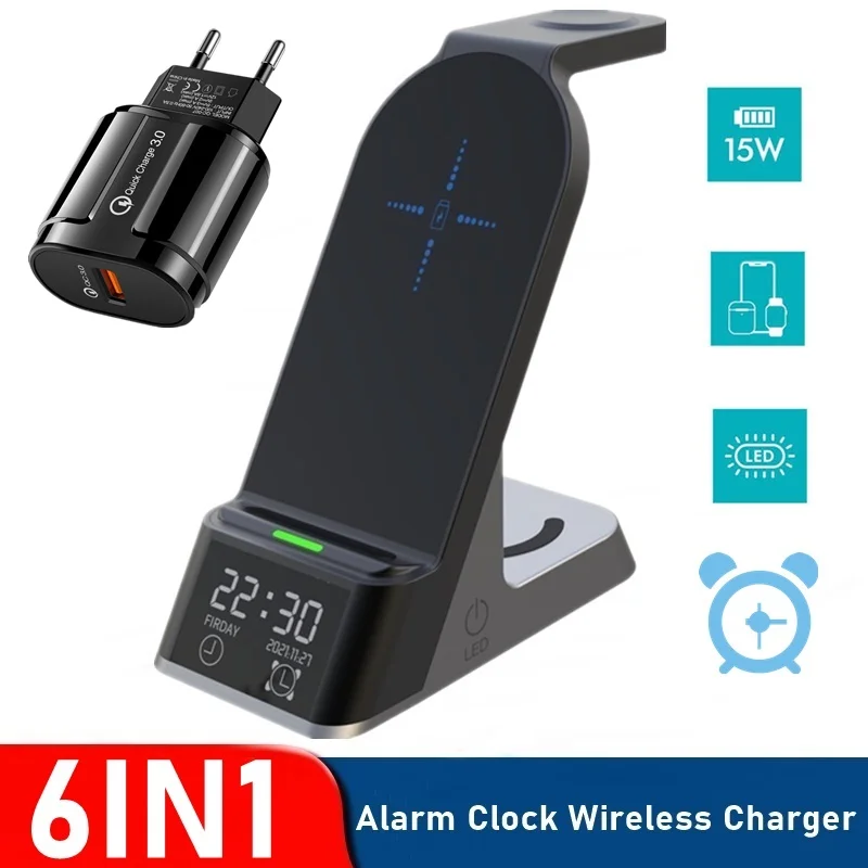 6in1 Alarm Clock Wireless Charger For Apple Watch Airpods Pro 15W Fast Charging Dock Station Iphone 8 XS 11 12 13 MAX |