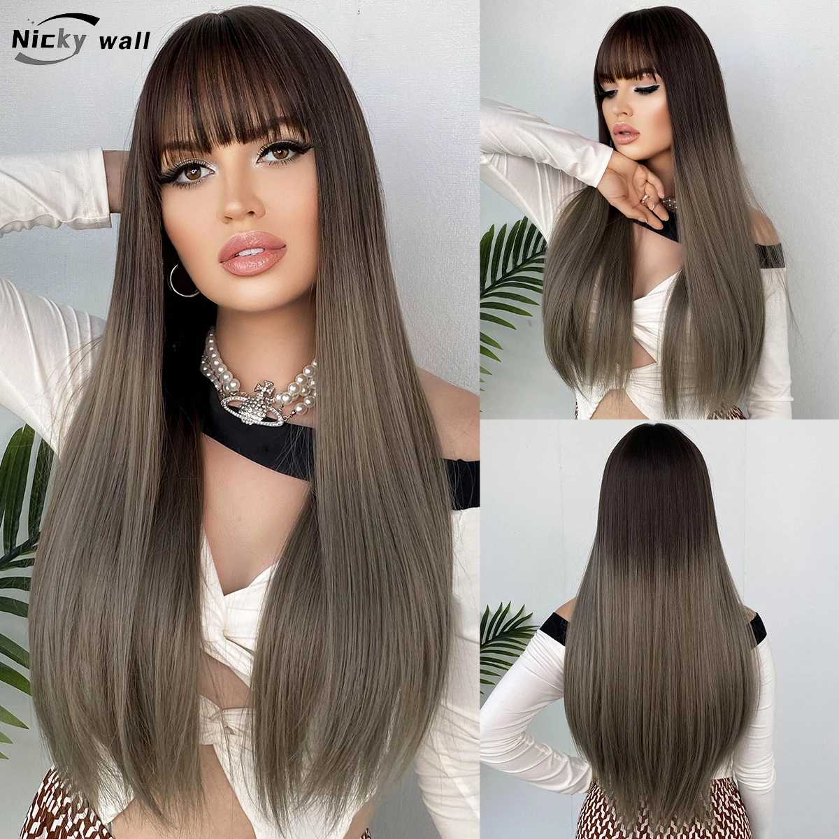 

Черный, серый длинный прямой женский парик Омбре, натуральные синтетические парики с челкой, термостойкие искусственные волосы для ежедневного использования