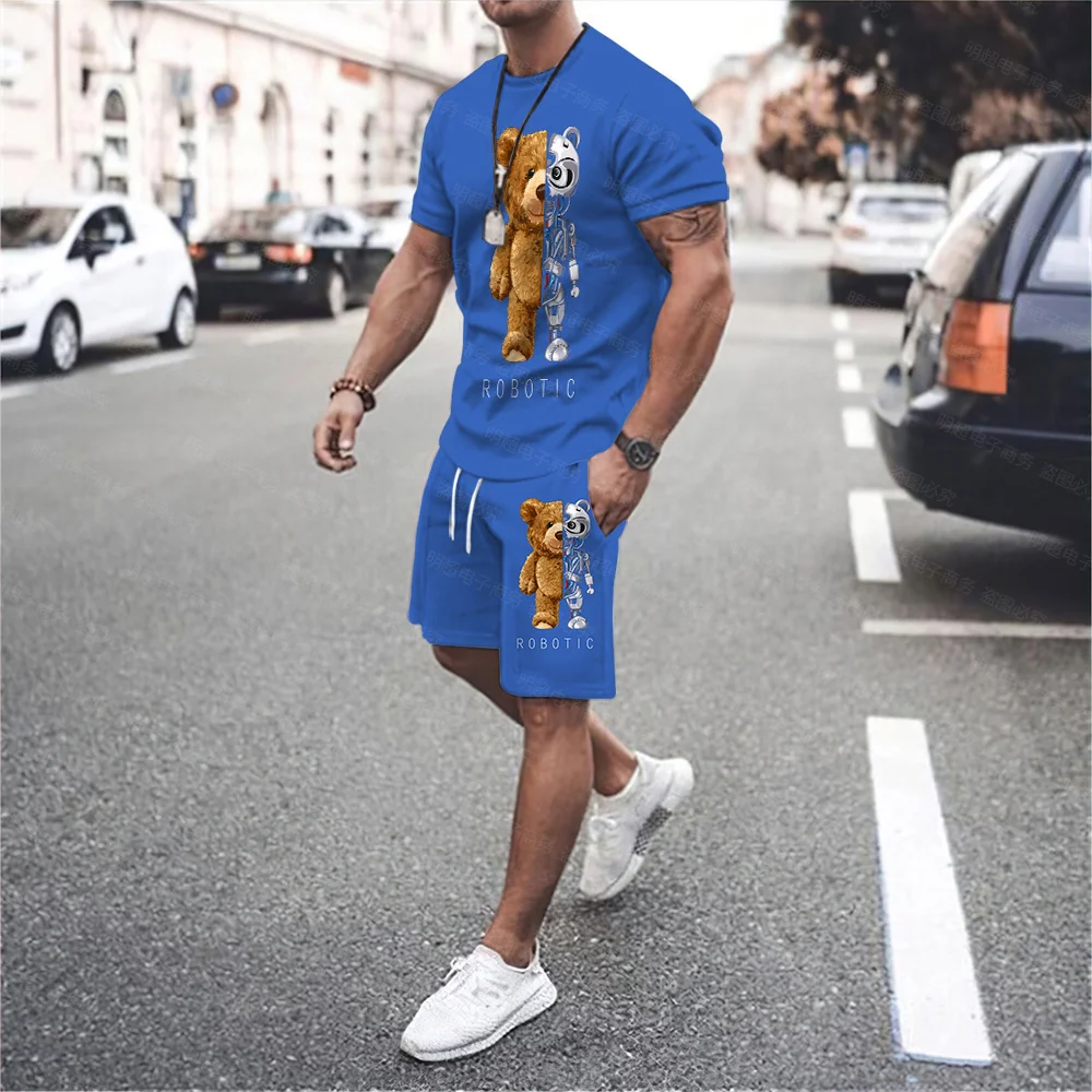

New Funny Teddy Bear Robot T-Shirt Suit Robot Bear Shirt Casual Men's Fashion Clothing 3D Printing T-Shirt + Beach Pants